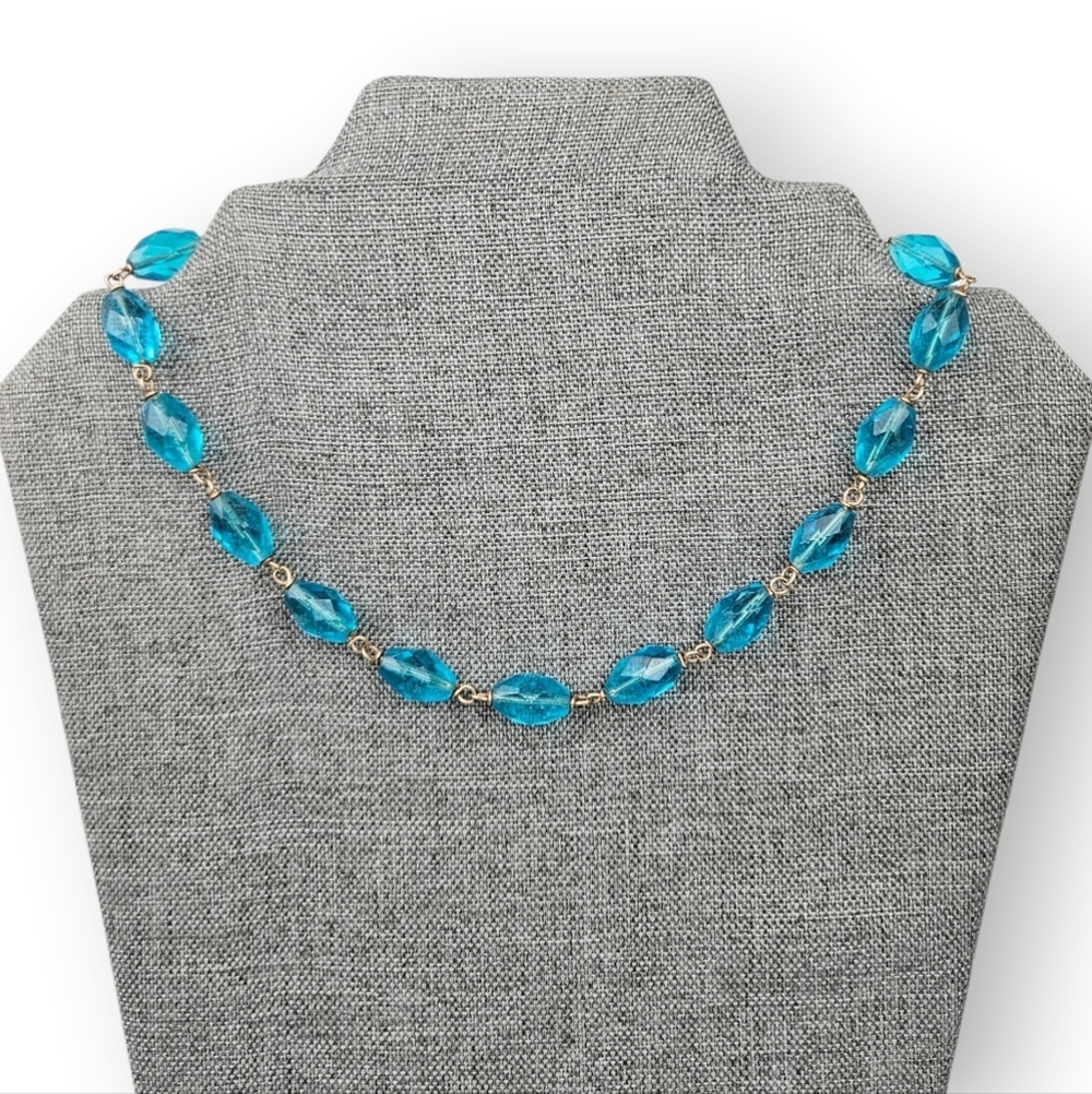 Art Deco Czech Glass Necklaces Turquoise Blue Beaded Chain Wire Link Vtg 16.5" - Picture 2 of 8